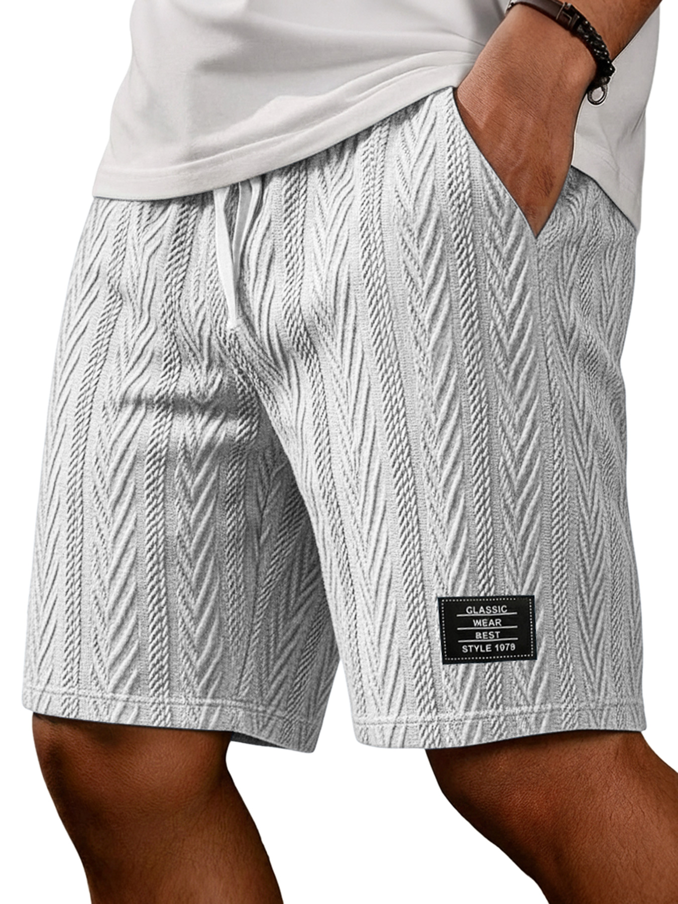 Men's Fashion Textured Embroidered Logo Casual Loose Shorts