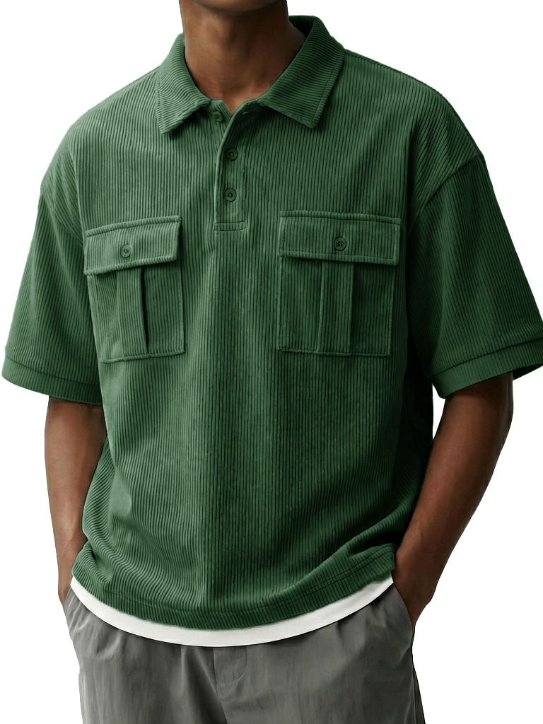 Men's Fashionable Retro Workwear Pocket Short-sleeved Polo Shirt with Lapel