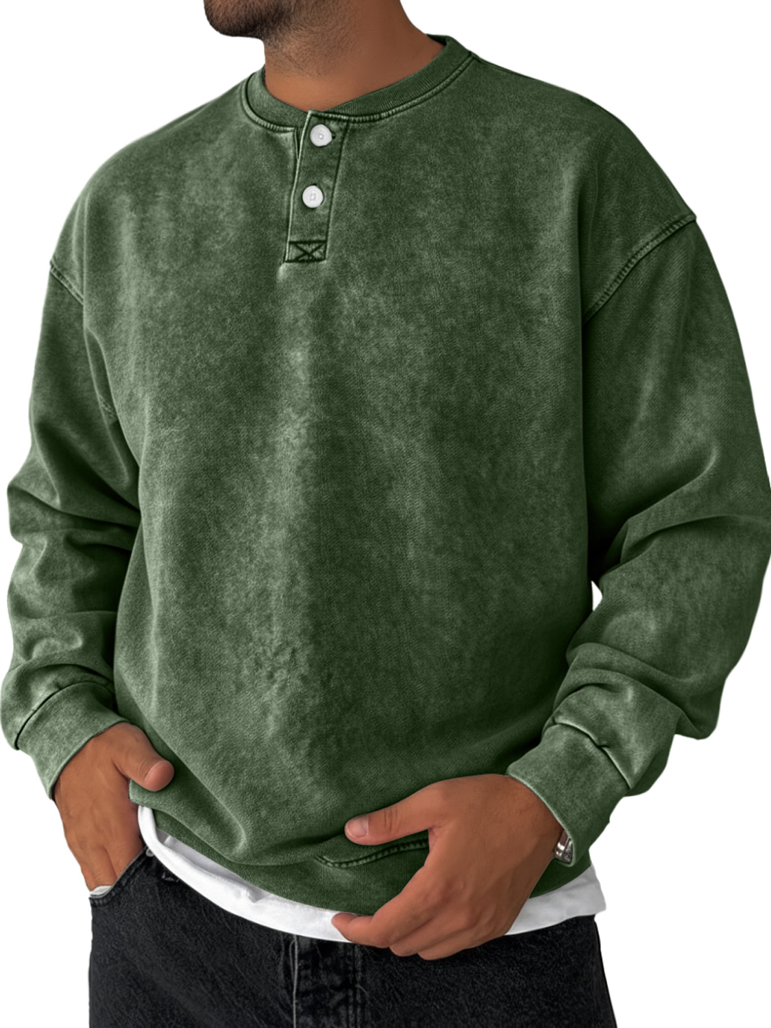 Men's Retro Solid Color Casual Loose Henley Sweatshirt