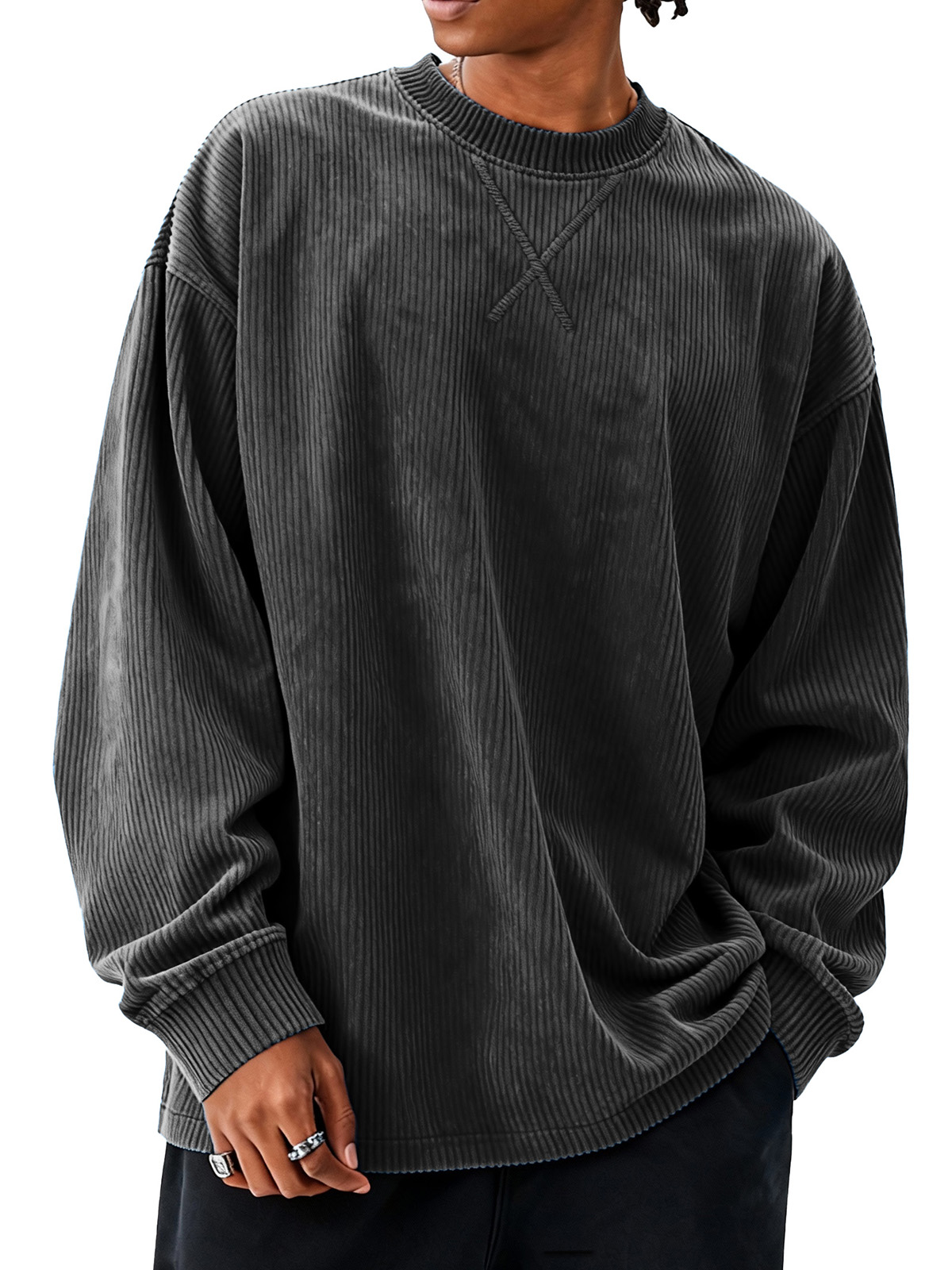 Men's fashionable casual loose round collar corduroy fabric long-sleeved T-shirt