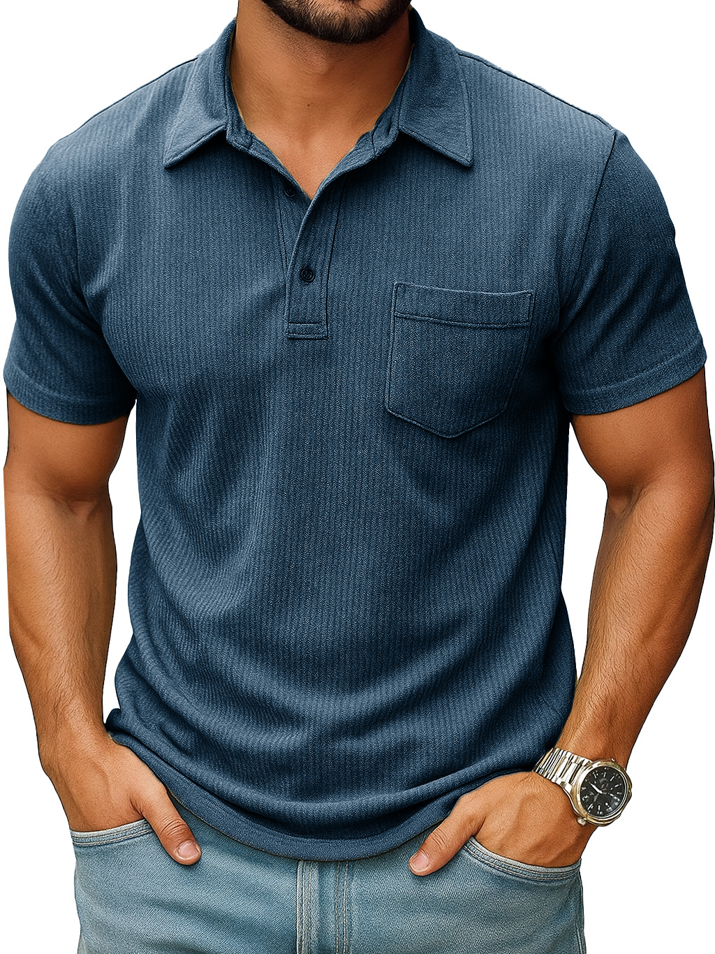 Men's Fashion Casual Ribbed Fabric Pocket Short-sleeved Lapel Polo Shirt