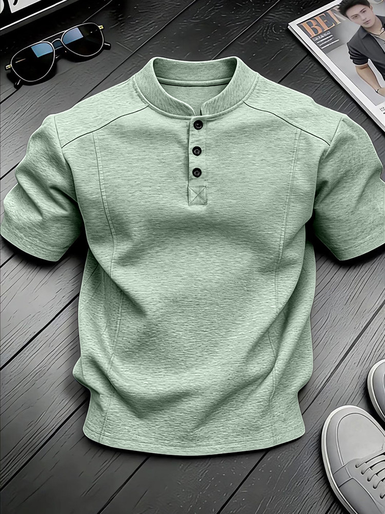 Men's Stand-up Collar Button-down Design Casual Short-sleeved Henley Shirt