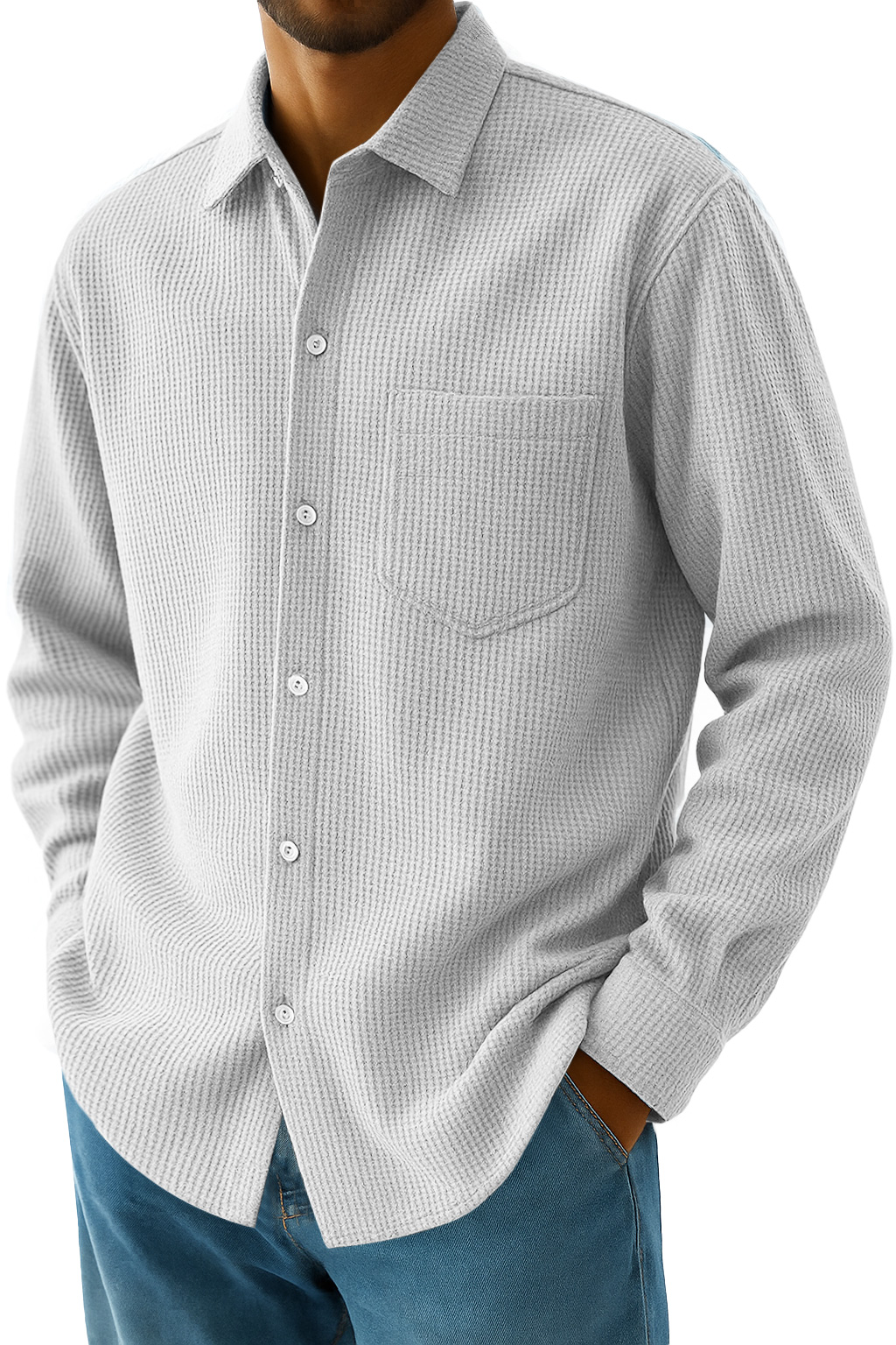 Men's Everyday Waffle Casual Pocket Long Sleeve Shirt