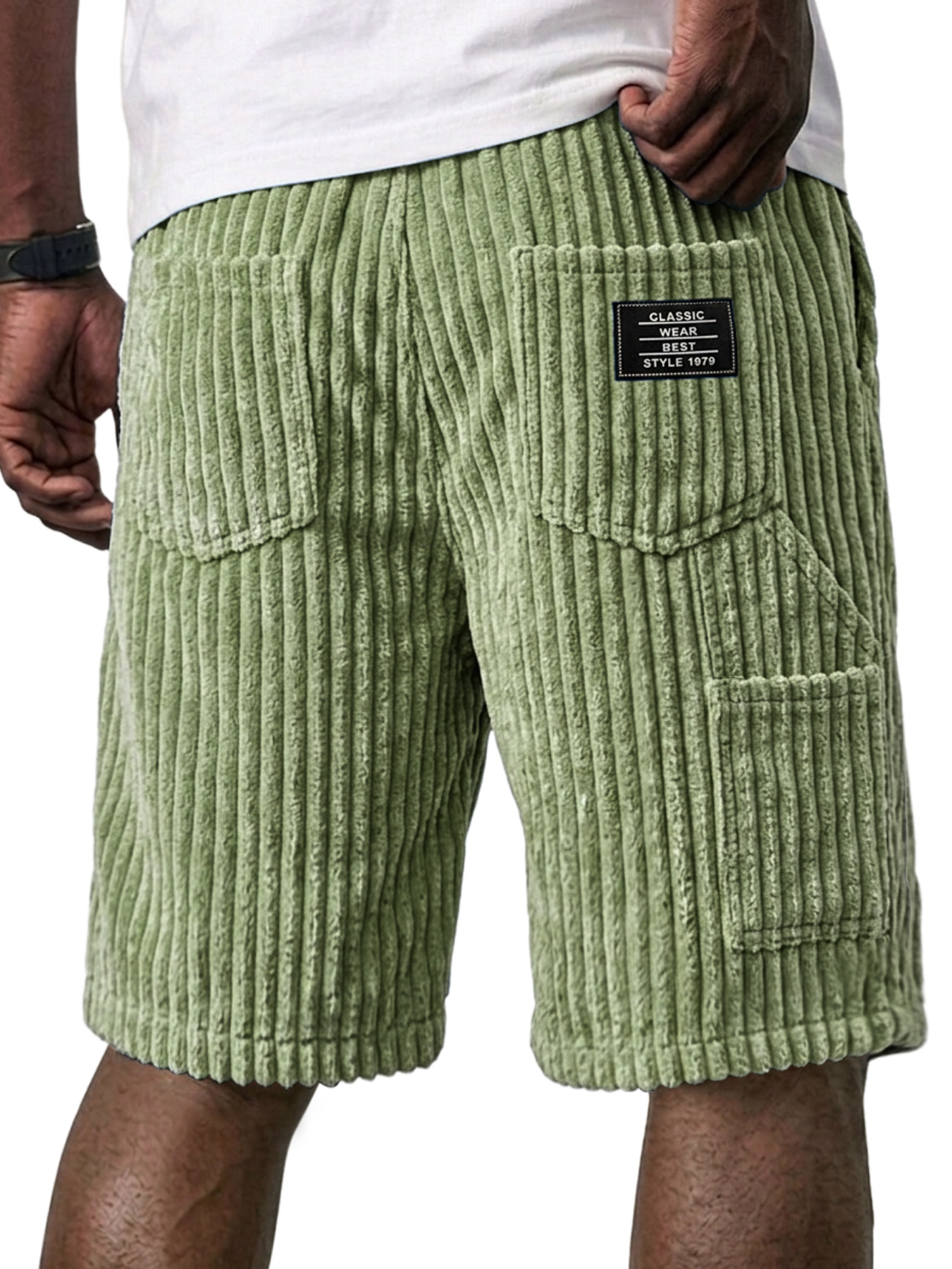 Men's Retro Corduroy Multi-Pocket Embroidered Logo Casual Work Shorts