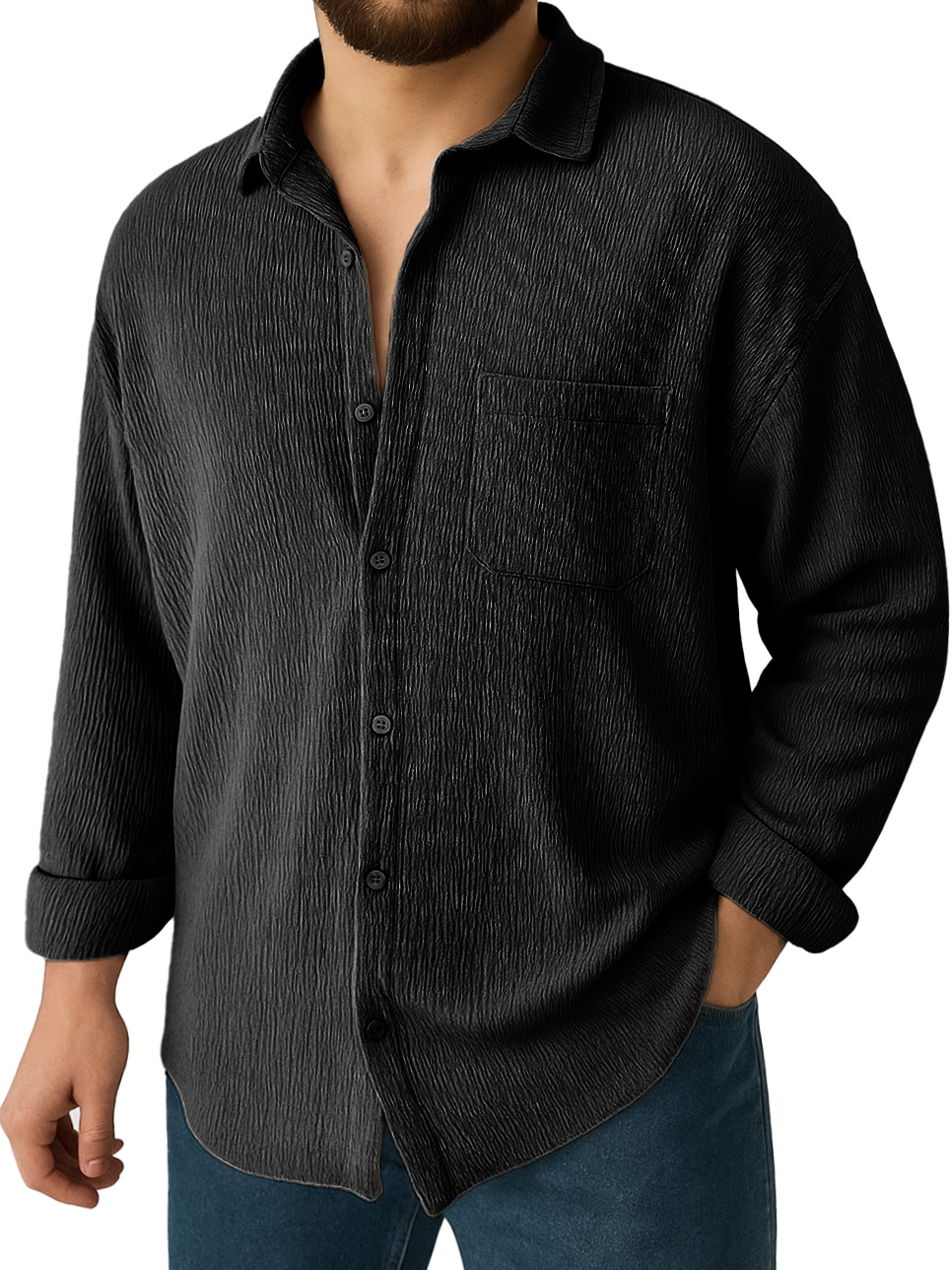 Men's Clothing Fashionable Daily Jacquard Texture Fabric Loose Pockets Long-sleeved Lapel Shirt