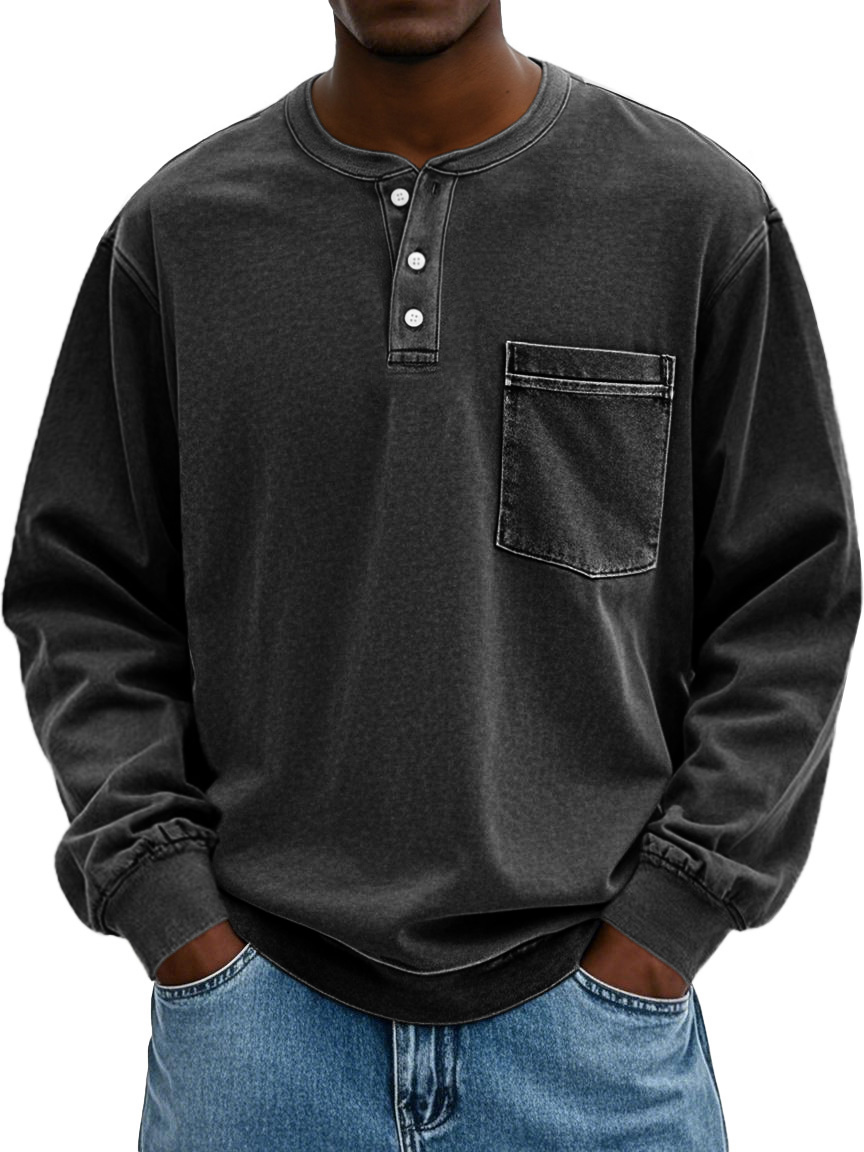 Men's Stylish Vintage Distressed Pocket Lapel Long-sleeved Henley Shirt