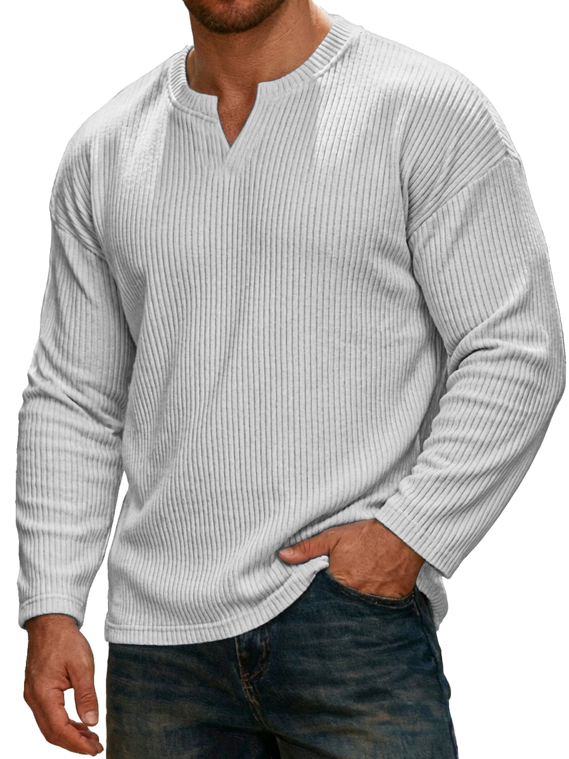 Men's Simple Ribbed V-neck Long-sleeved Casual T-shirt
