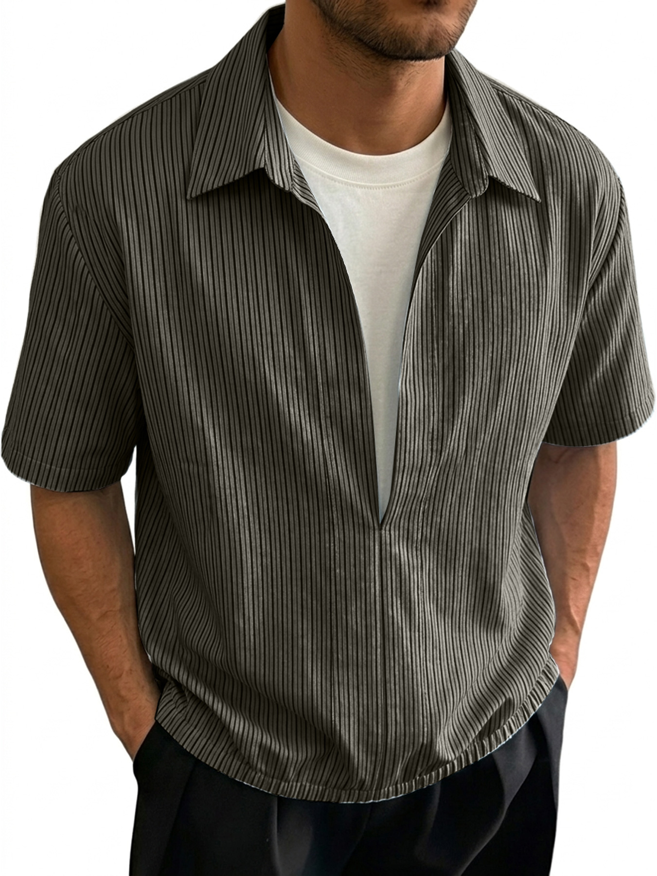 Men's Linen-style Collared Faux Two-piece Casual Comfortable Short-sleeved Polo Shirt