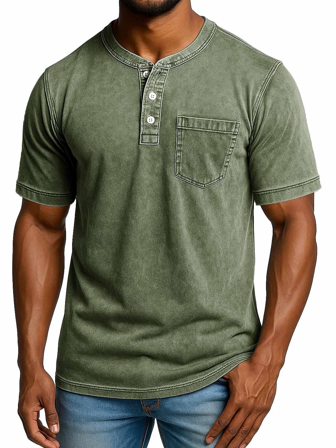 Men's Fashion Retro Distressed Short-sleeved Pocket Henley Shirt