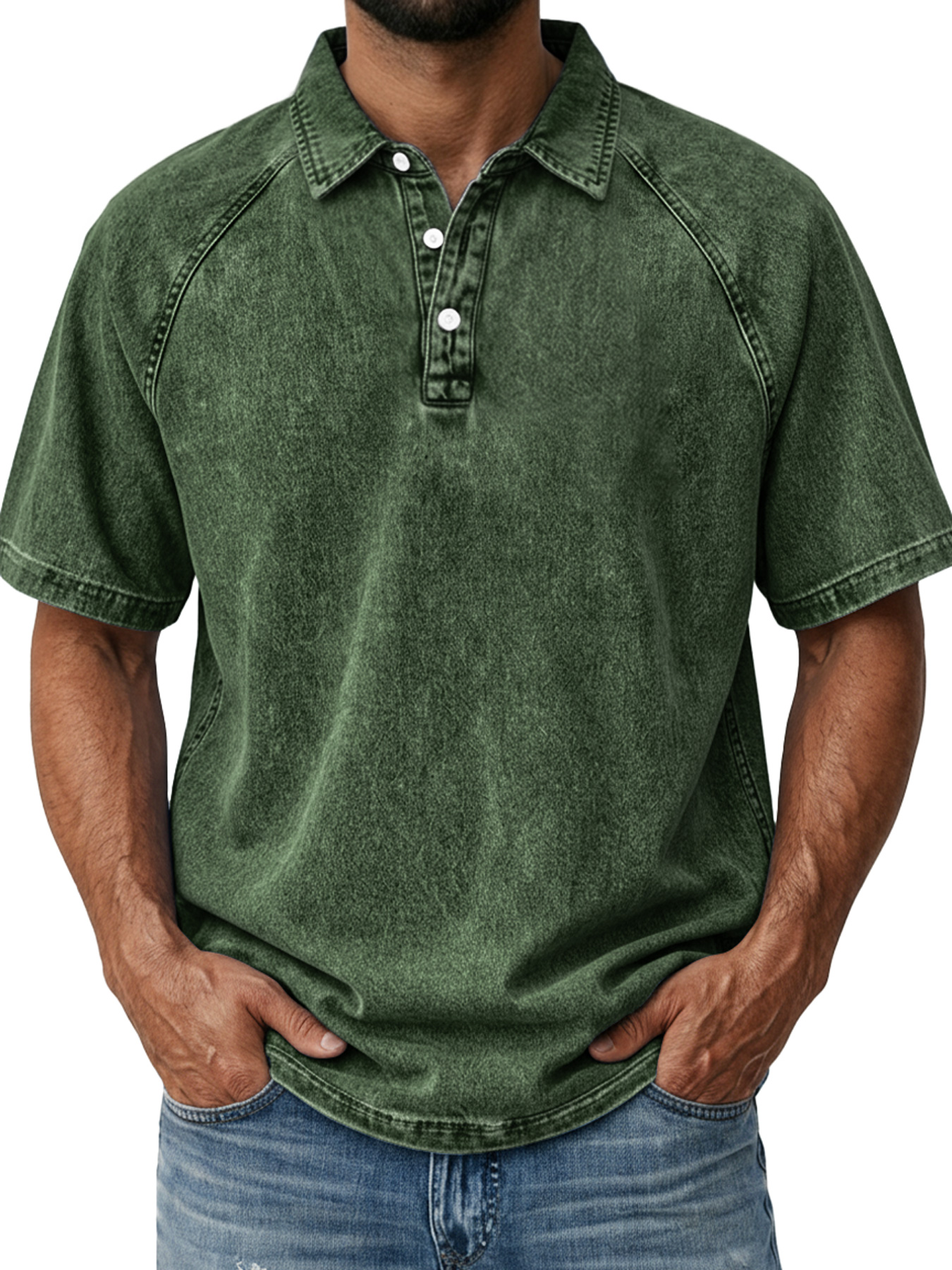 Men's Casual Retro Raglan Collar Button-Down Short Sleeve Polo Shirt