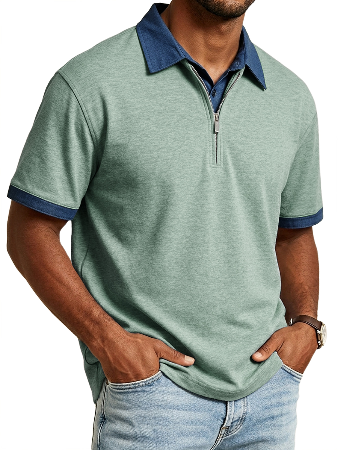 Men's Casual Faux Two-Piece Collared Zipper Color Block Short-Sleeve Polo Shirt