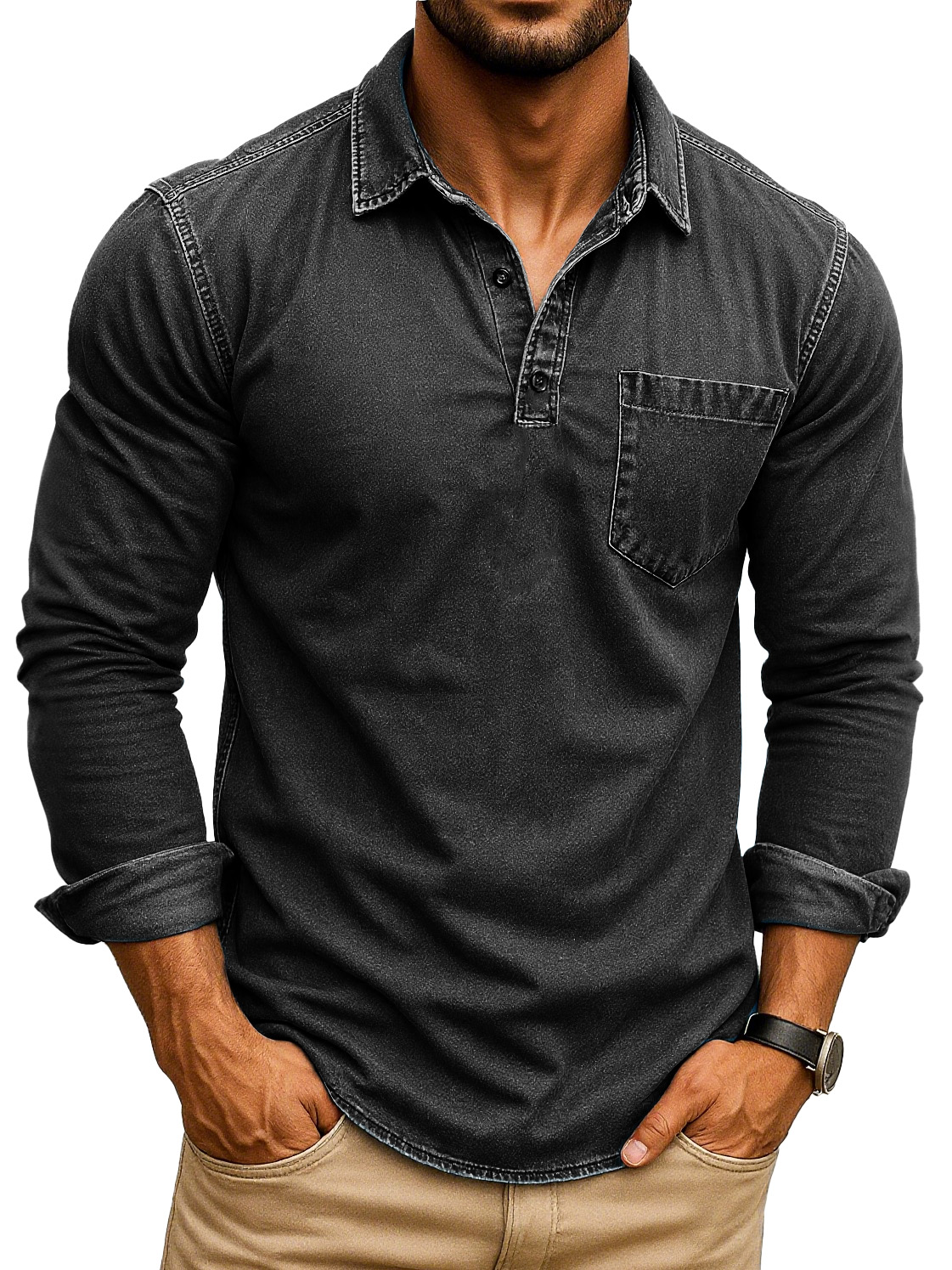 Men's Retro Fashion Distressed Lapel Pocket Long Sleeve Polo Shirt