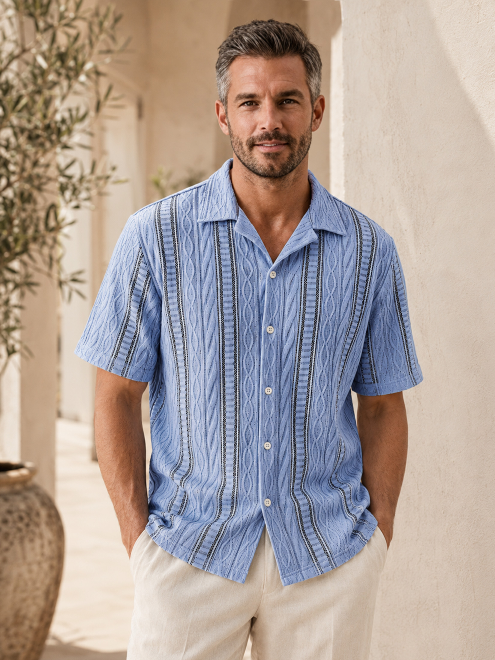 Men's Textured Casual Solid-Color Comfortable Short-Sleeve Shirt
