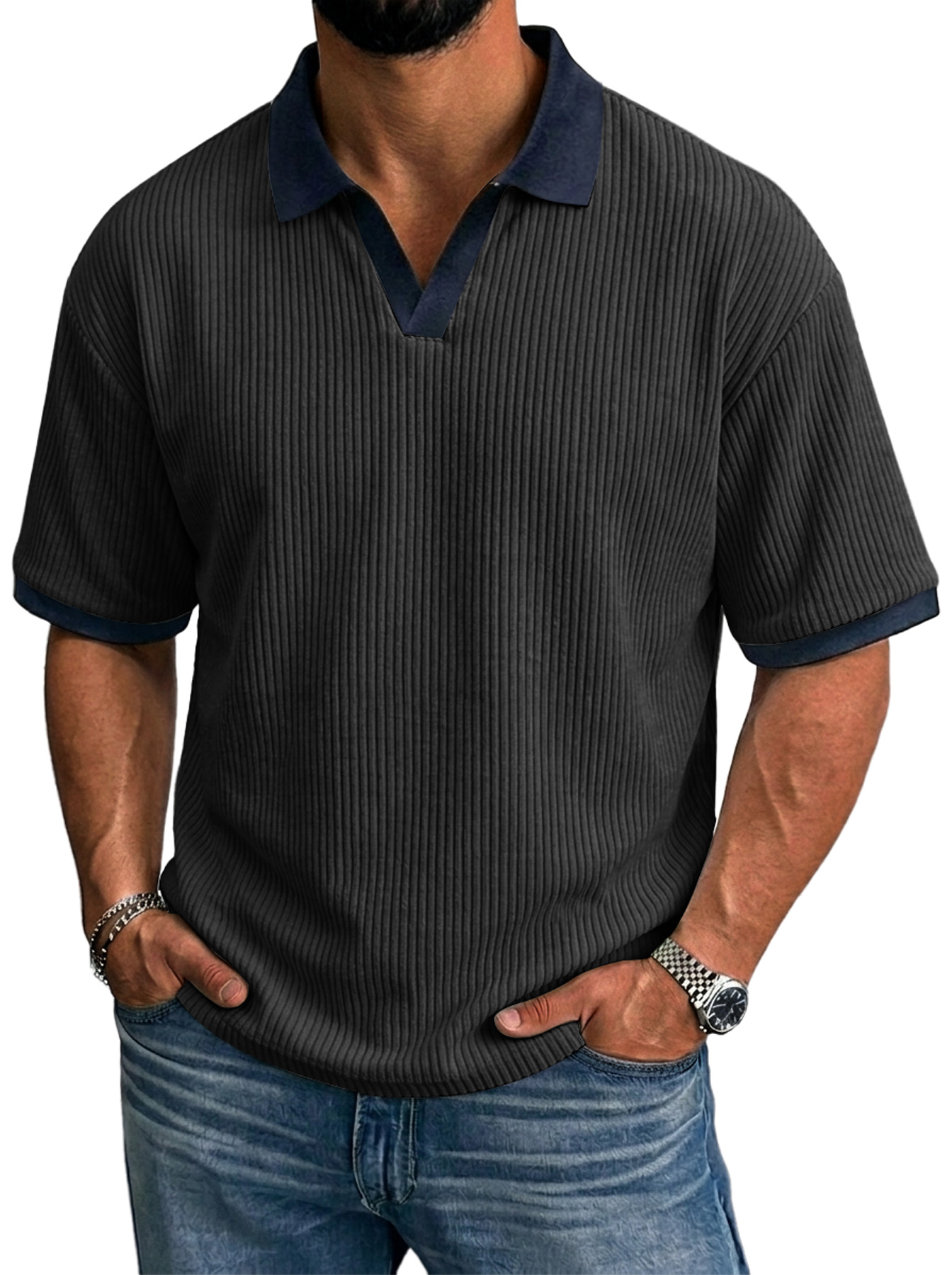 Men's Simple Ribbed Color Block Casual Short-Sleeve Polo Shirt