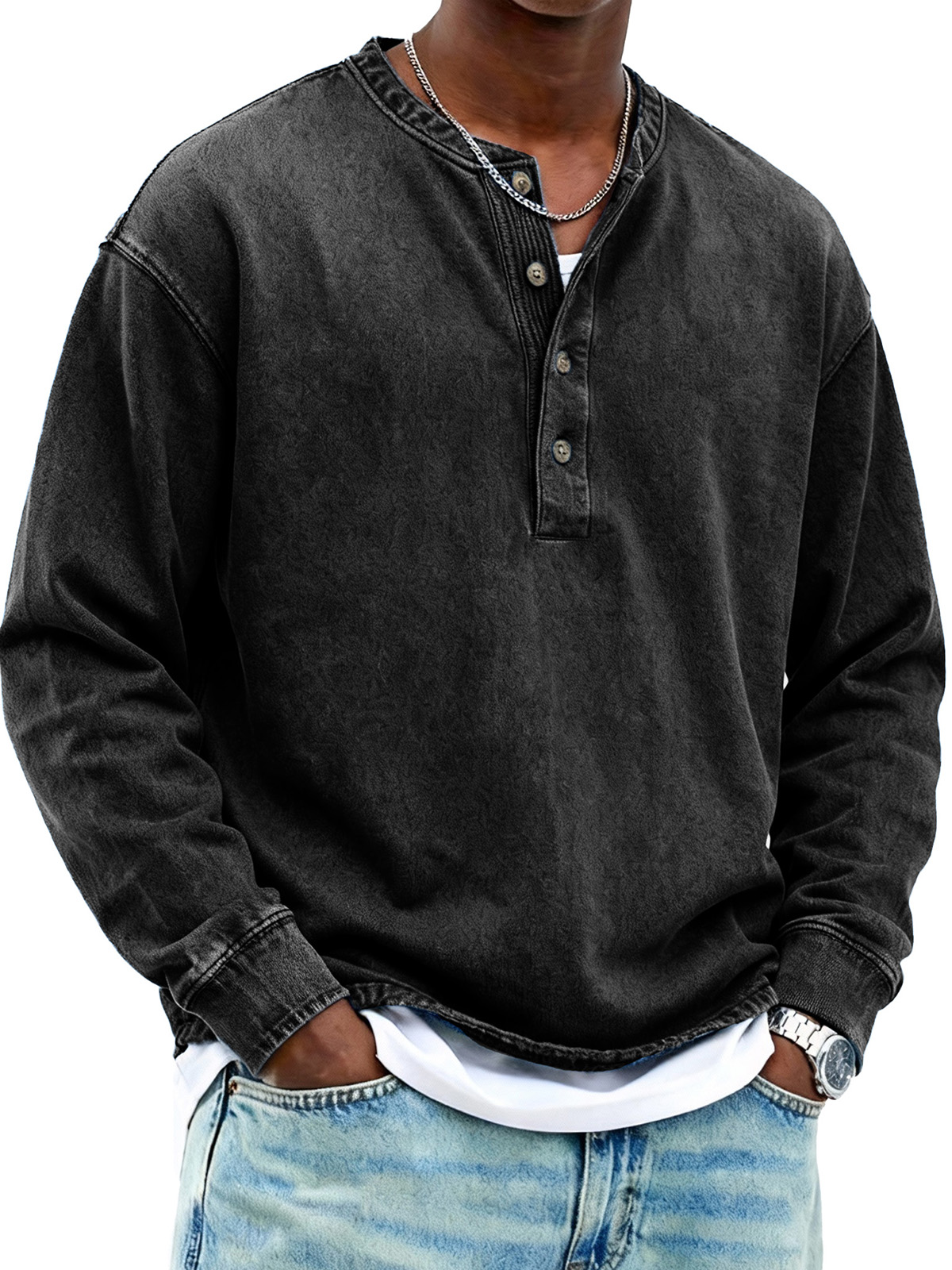 Men's Fashionable Retro Stand Collar Button-Up Long-Sleeved Henley Shirt