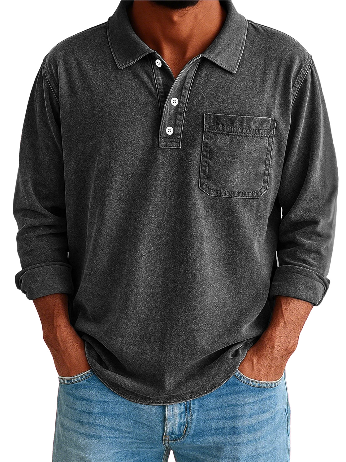 Men's Stylish Vintage Washed And Distressed Lapel Long-sleeved Polo Shirt With Pockets