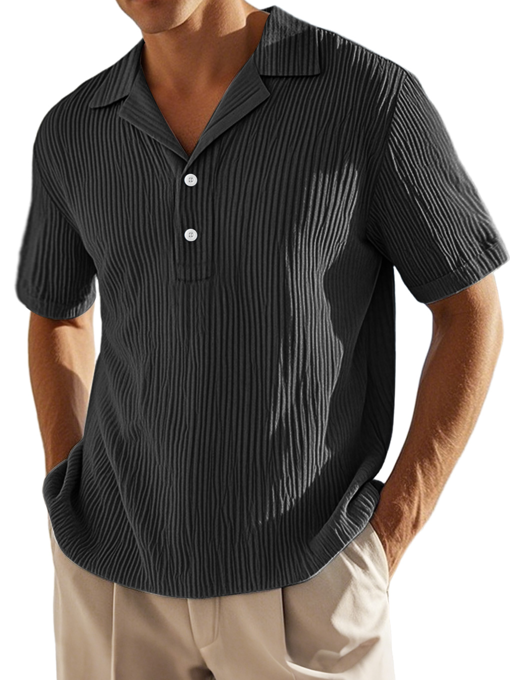 Men's Daily Lapel Button-down Ribbed Casual Short-sleeved Polo Shirt