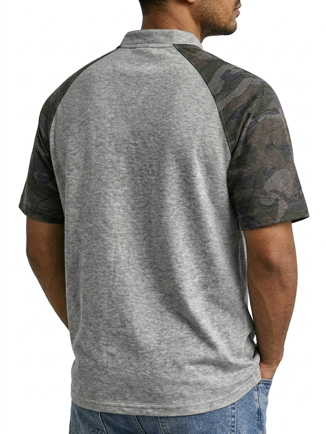 Men's Raglan Camo Casual Stand Collar Short Sleeve Henley Shirt
