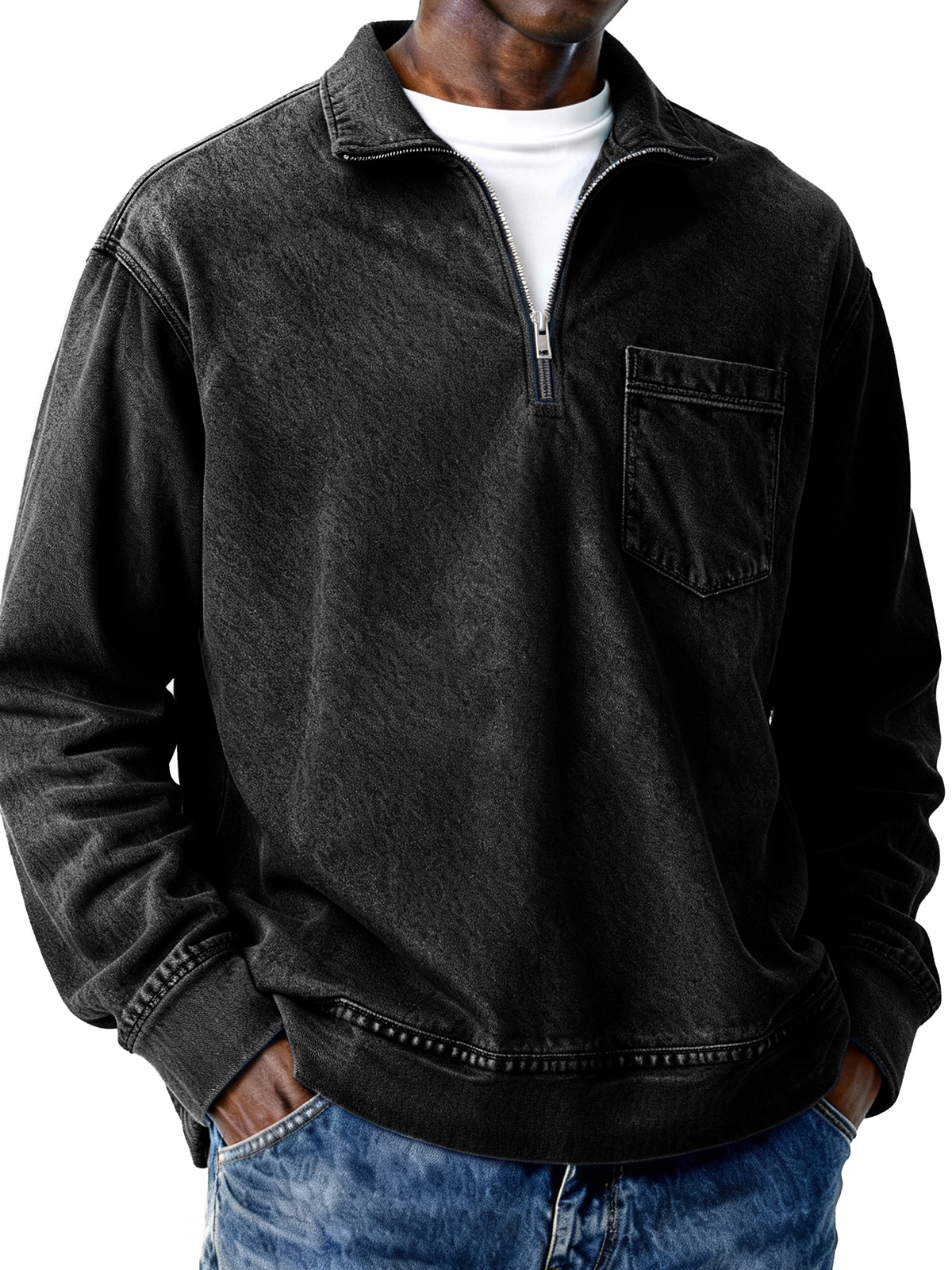 Men's Retro Distressed Zipper Loose Long-Sleeve Polo Shirt