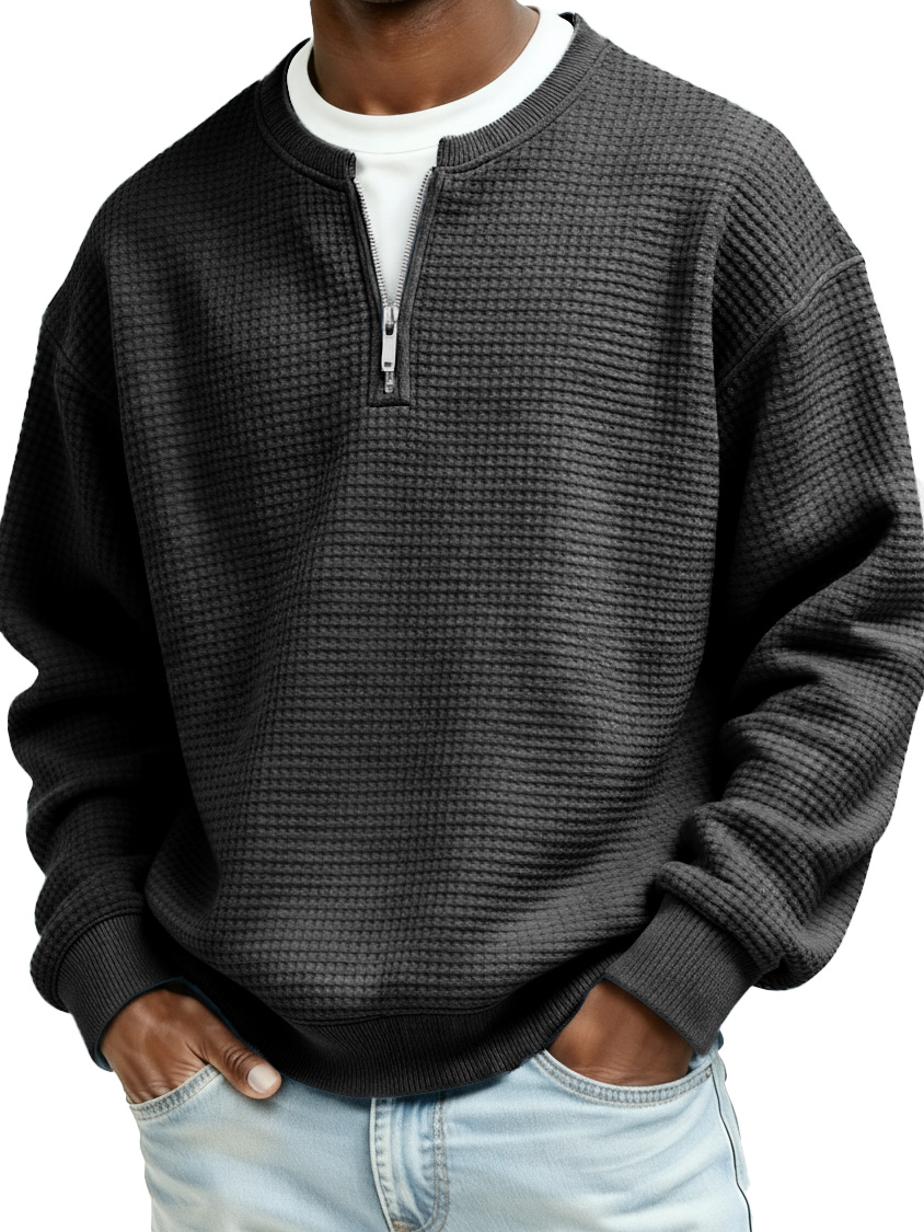 Men's Casual Faux Two-Piece Waffle Fabric Zipper Long-Sleeve Top