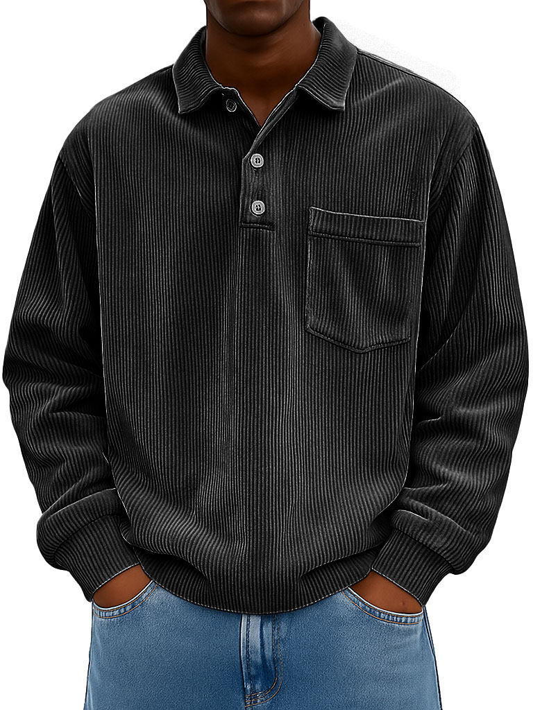 Men's Clothing Fashionable Casual Retro Lapel Corduroy Pit Strip Fabric Long-sleeved Pocket Polo Shirt