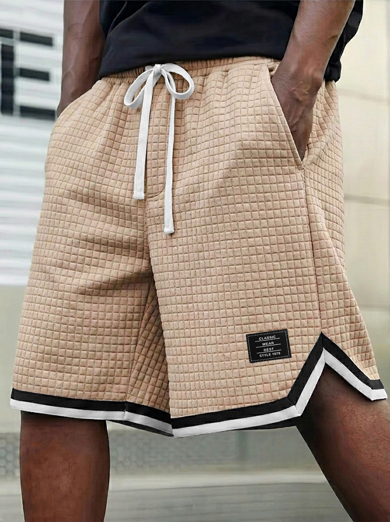 Men's Waffle Weave Ribbon Embroidered Logo Casual Shorts
