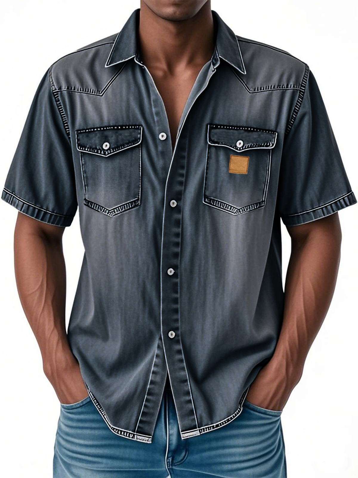 Men's Retro Western Embroidered Multi-Pocket Button Casual Short Sleeve Shirt