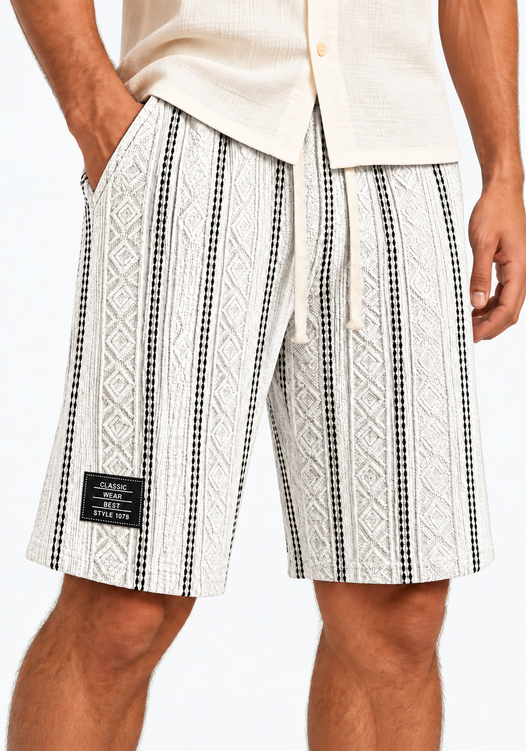 Men's Color-Blocked Textured Embroidered Logo Casual Loose Shorts