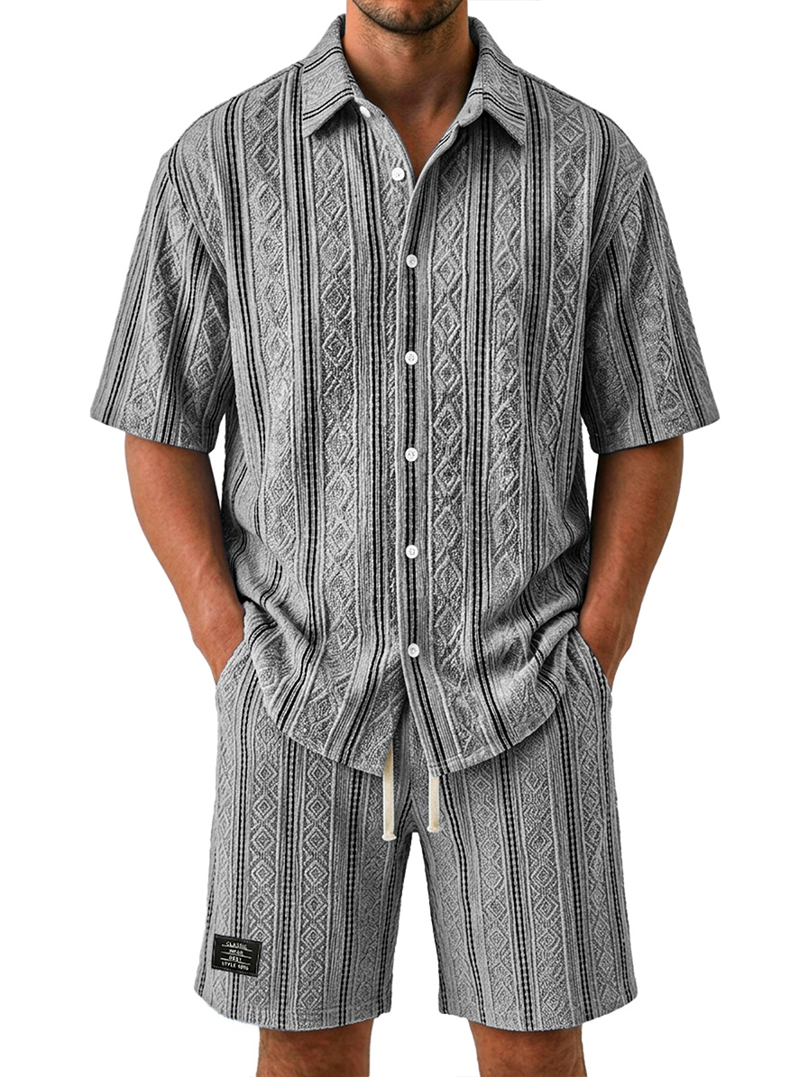 Men's Casual Jacquard Textured Solid Color Shirt and Shorts Two-Piece Set