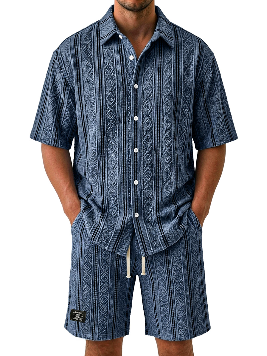 Men's Casual Jacquard Textured Solid Color Shirt and Shorts Two-Piece Set