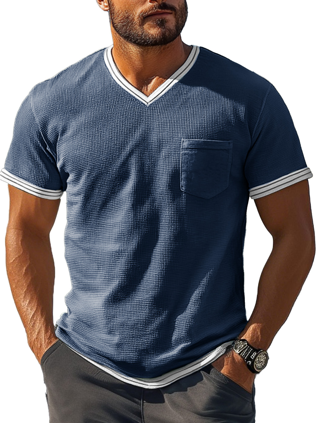 Men's Fashion Retro Patchwork Textured Fabric V-neck Short-sleeved T-shirt