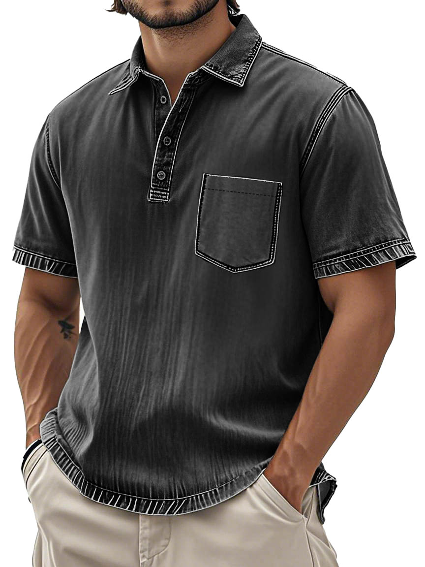 Men's Fashion Retro Washed Cotton Lapel Pocket Polo Shirt