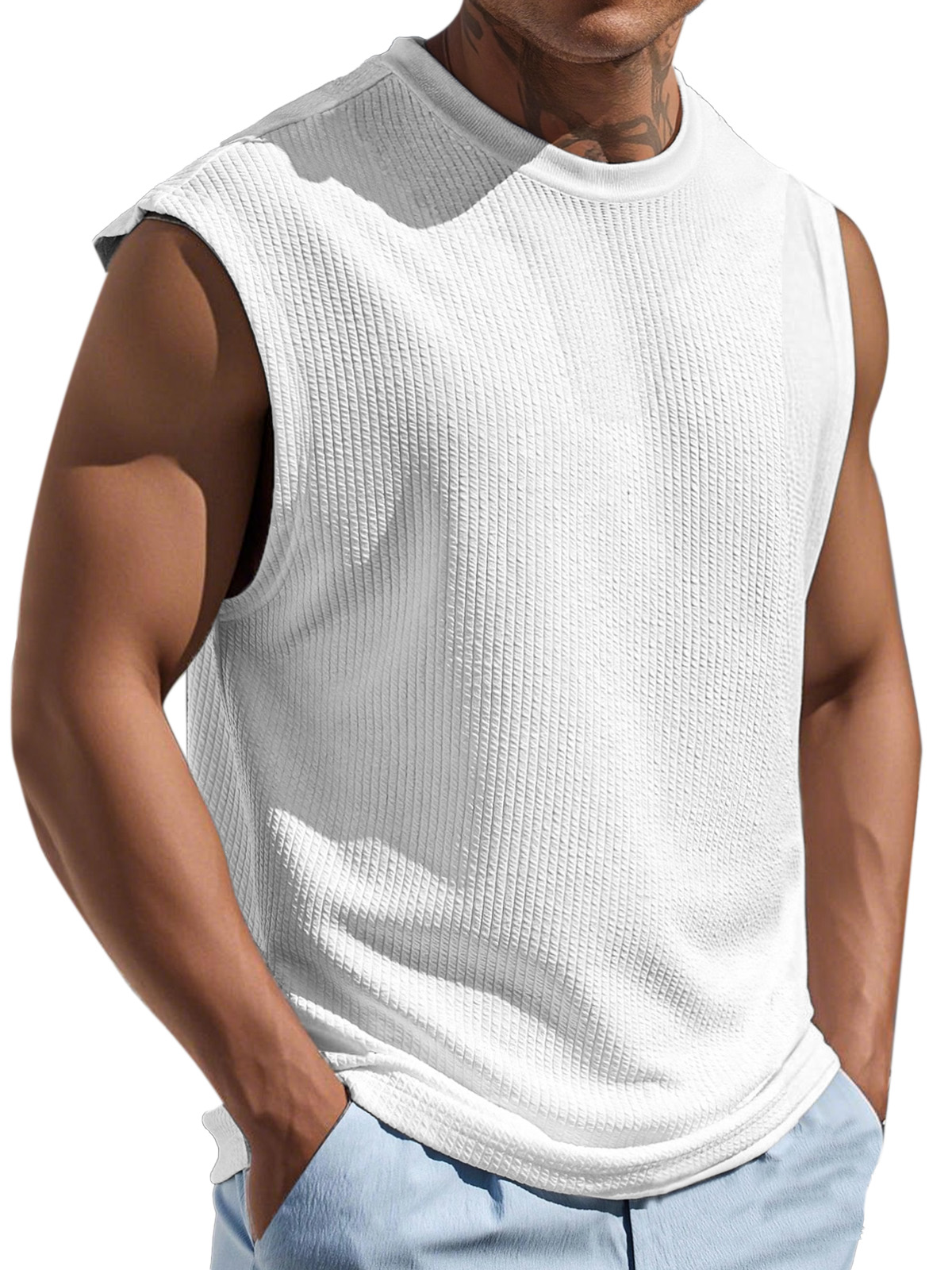 Men's Casual And Comfortable Texture Solid Color Round Neck Sleeveless T-shirt