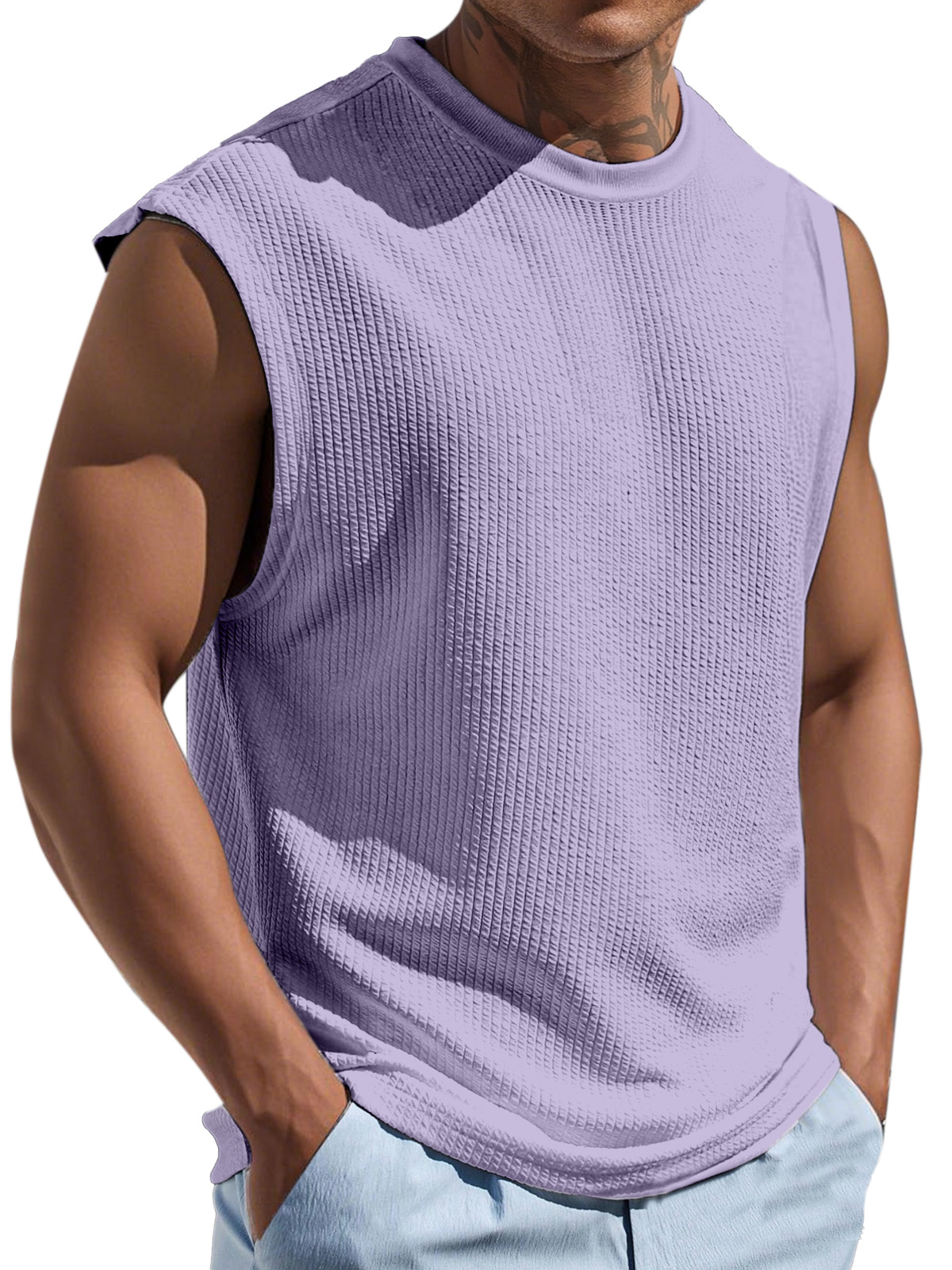 Men's Casual And Comfortable Texture Solid Color Round Neck Sleeveless T-shirt