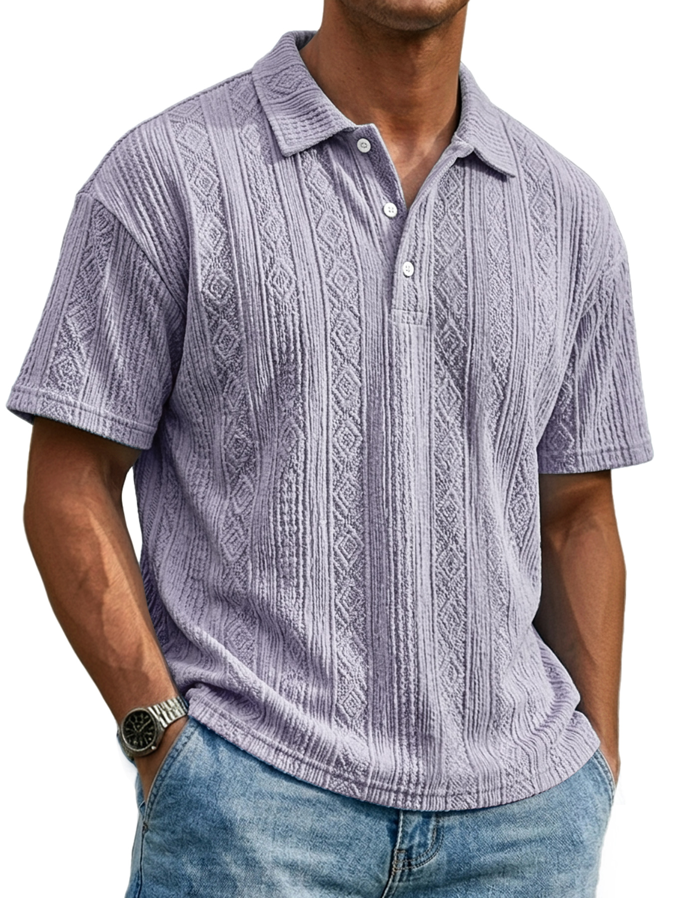 Men's Everyday Textured Collar Button-down Casual Short-sleeved Polo Shirt