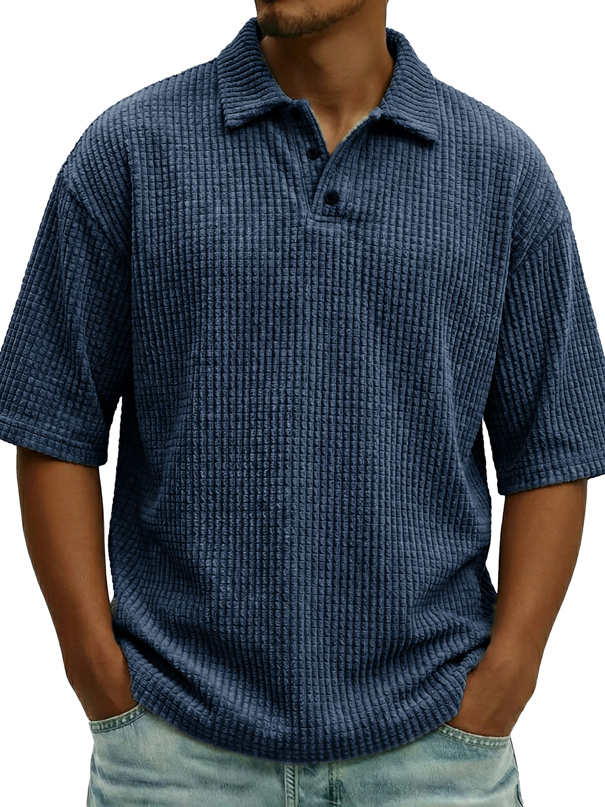 Men's Fashionable Casual Waffle Knit Collar Short-Sleeve Polo Shirt