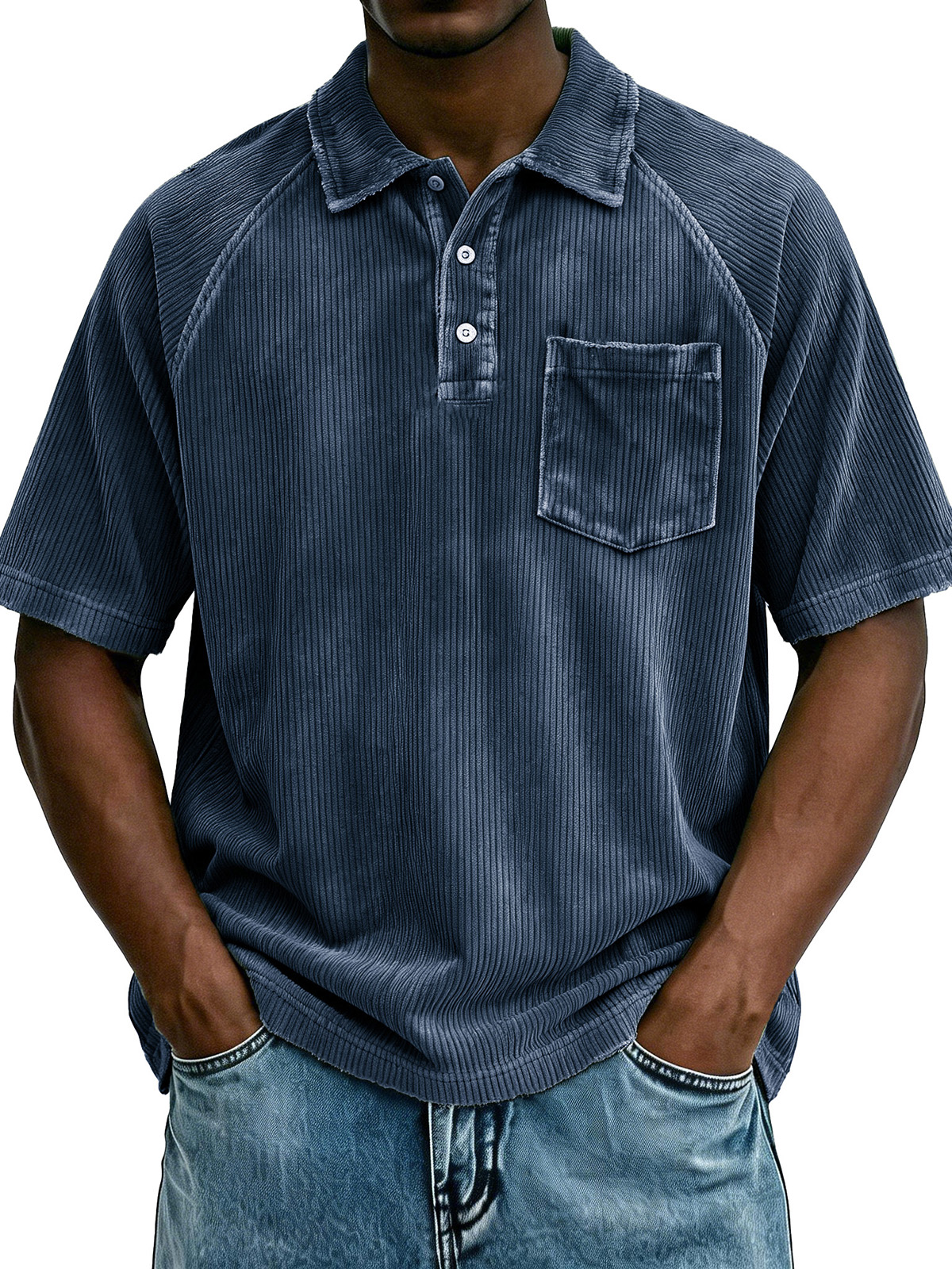 Men's Retro Raglan Pocket Zipper Loose Short-Sleeve Polo Shirt