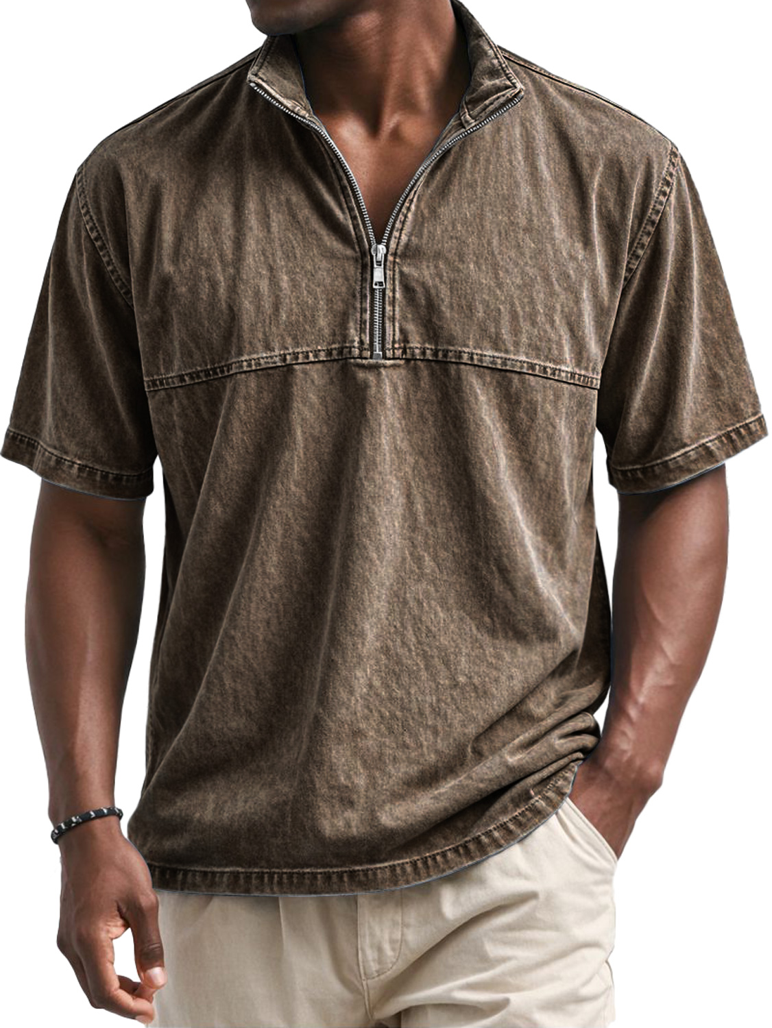 Men's Vintage Stand-collar Short-sleeved T-shirt With Zipper And Panel Design