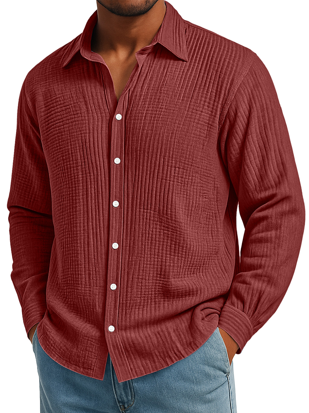 Men's Daily Pleated Texture Loose Casual Solid Color Long-sleeved Shirt