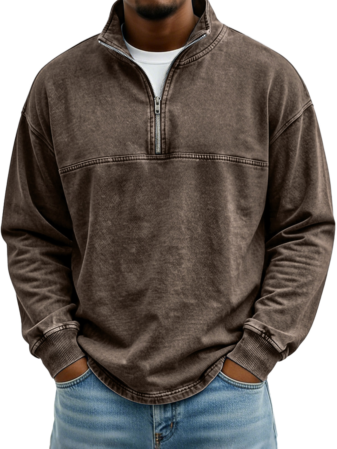 Men's Vintage Stand-collar Long-sleeved T-shirt With Zipper And Contrasting Stitching Design