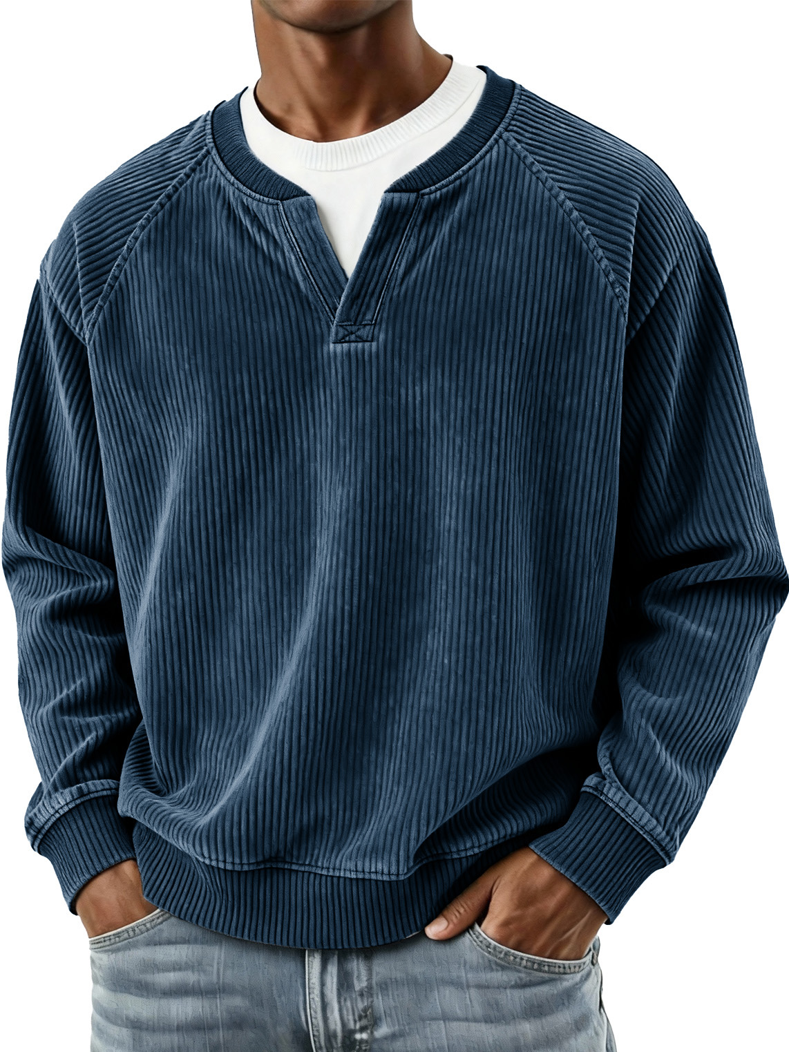 Men's Fashionable Casual Vertical Striped Corduroy Fabric Faux Two-piece Long-sleeved Top