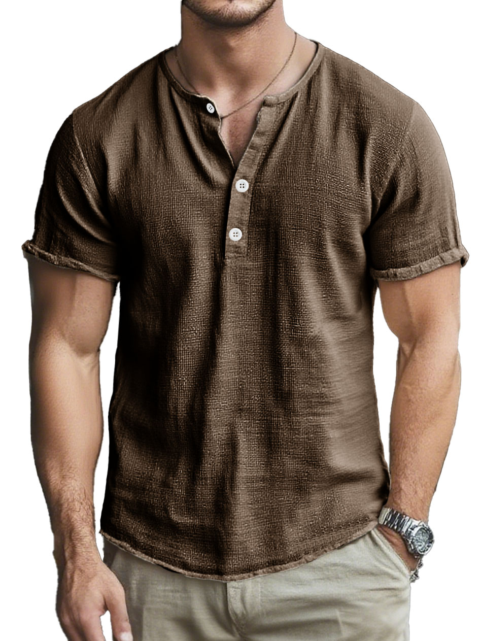 Men's Fashion Retro Linen Fabric Short-Sleeved Henley Shirt