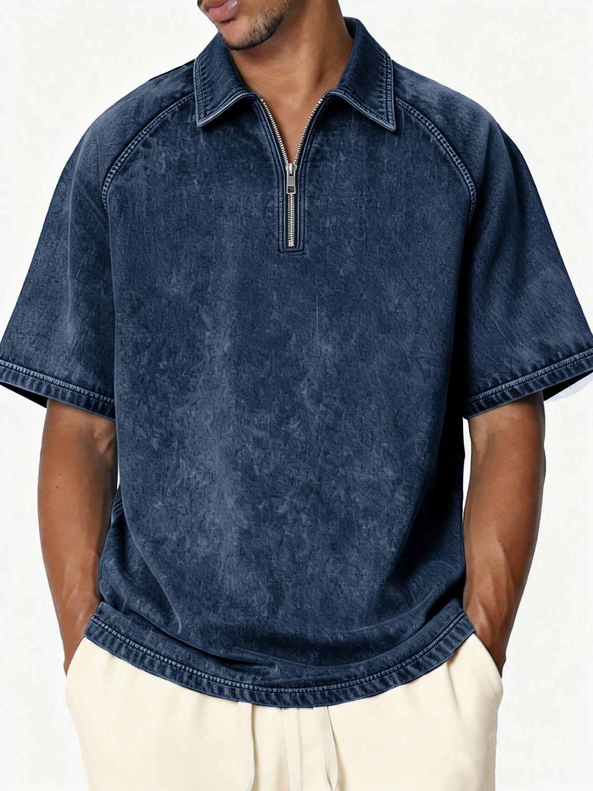 Men's Retro Distressed Raglan Collar Zipper Loose Short-Sleeve Polo Shirt