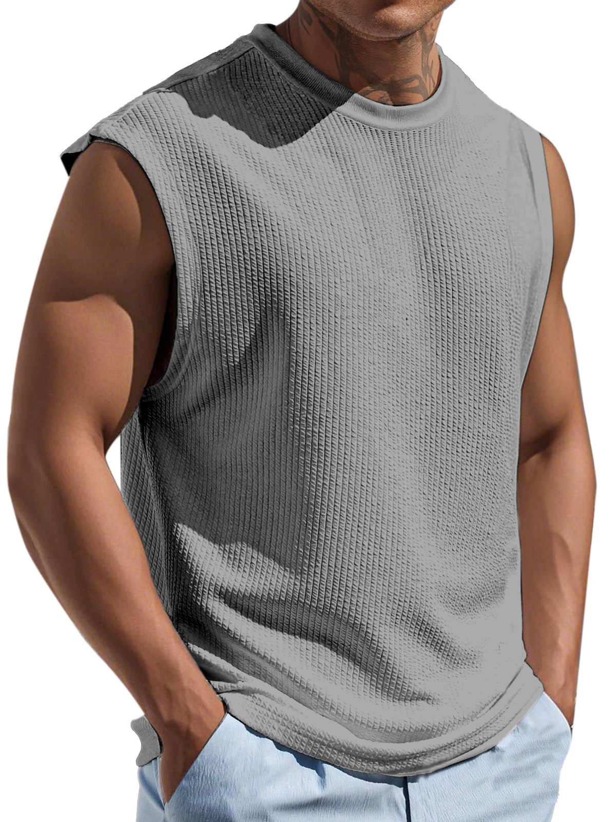 Men's Casual And Comfortable Texture Solid Color Round Neck Sleeveless T-shirt