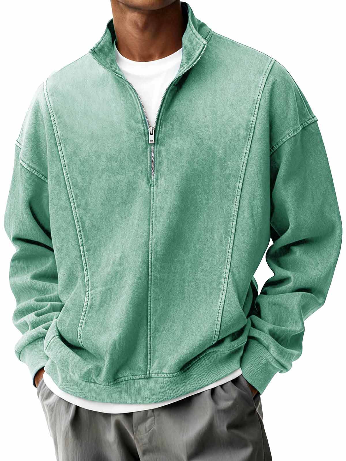 Men's Retro Fashion Patchwork Half-Zip Stand Collar Loose Long-Sleeve Sweatshirt