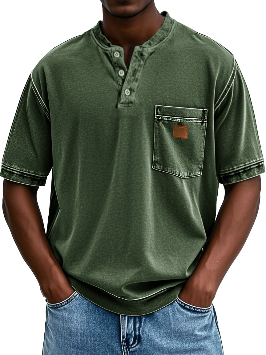 Men's Retro Distressed Embroidered Pocket Short-sleeved Henley Shirt