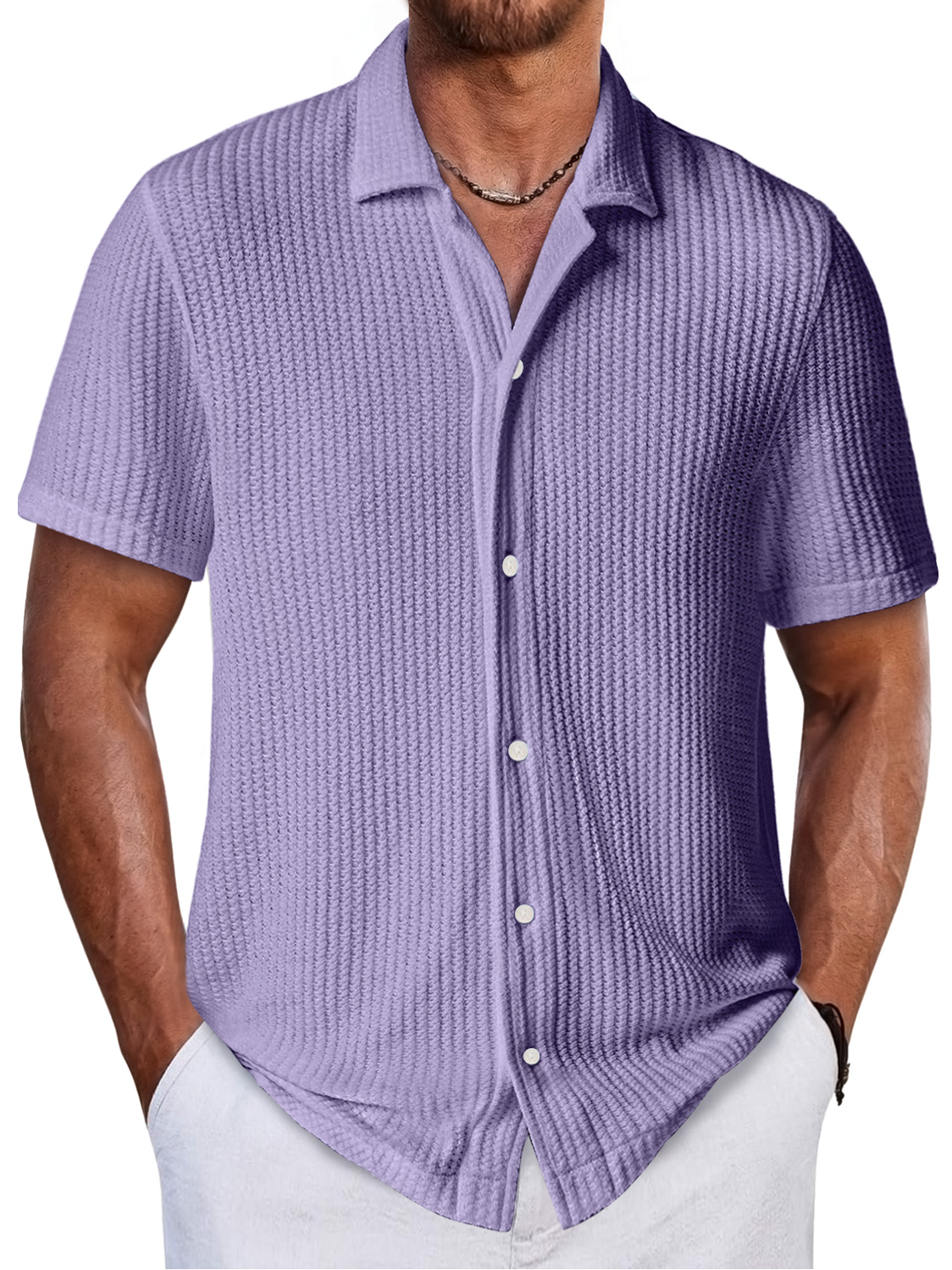 Men's Daily Waffle Texture Casual And Comfortable Short-sleeved Shirt