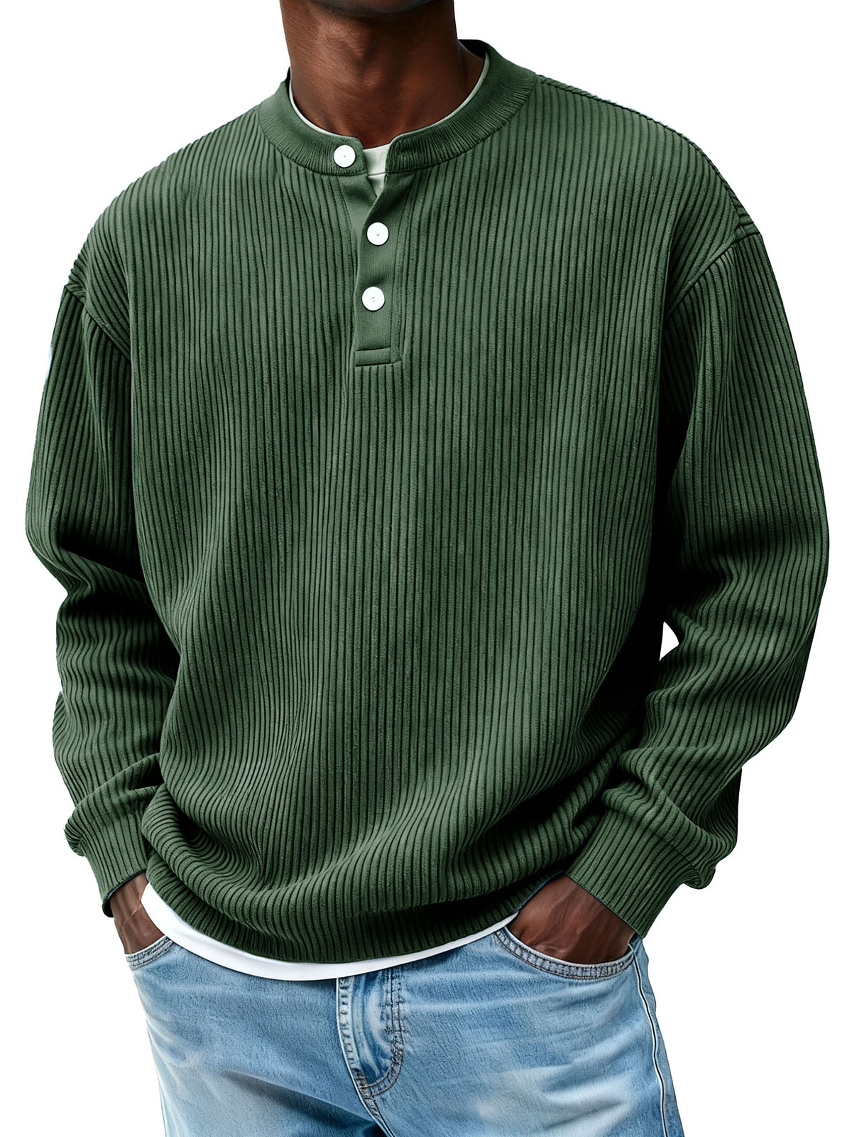 Men's Casual Pit Strip Fabric Three-button Long-sleeved Henry Shirt