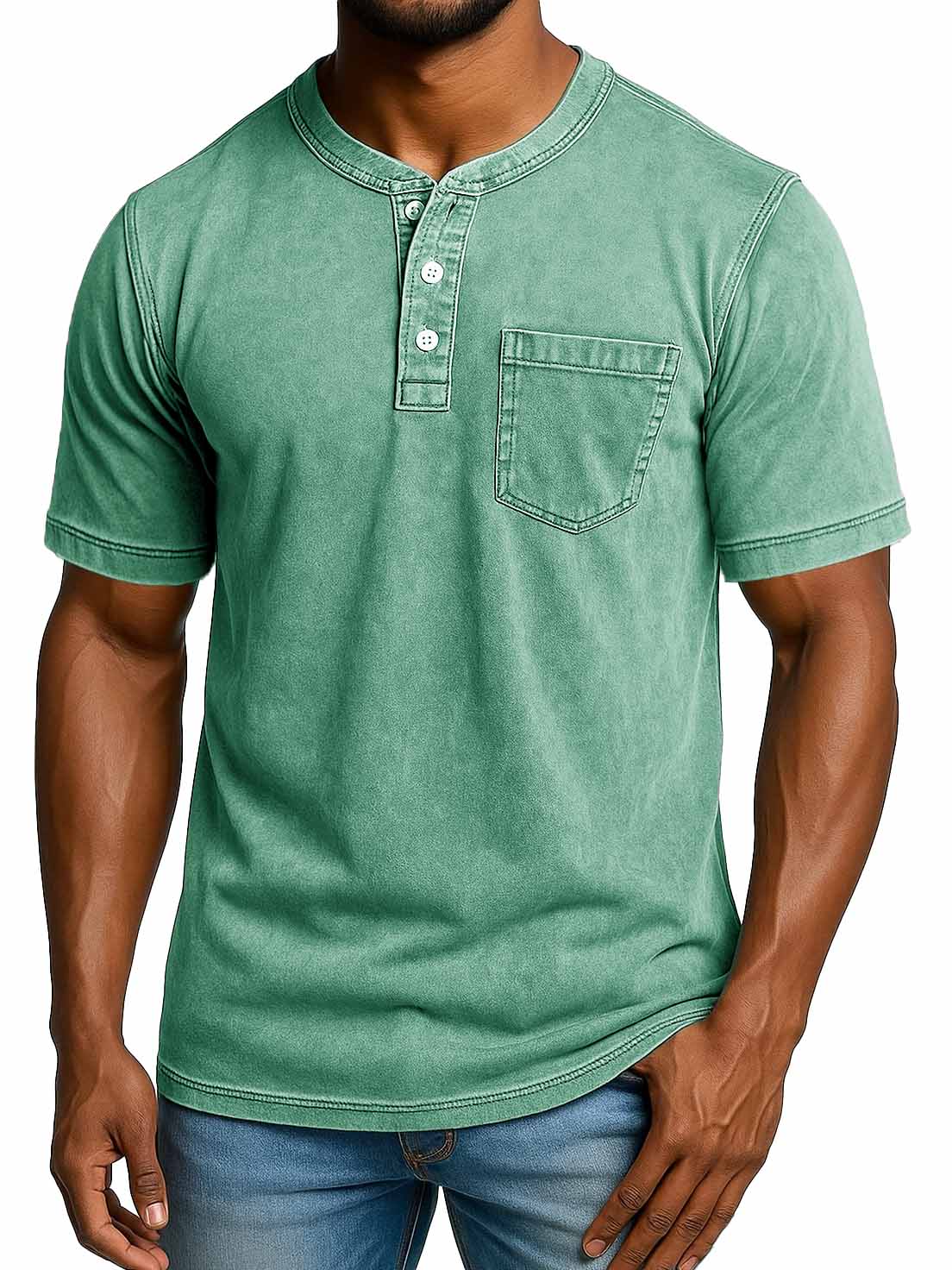 Men's Fashion Retro Distressed Short-sleeved Pocket Henley Shirt