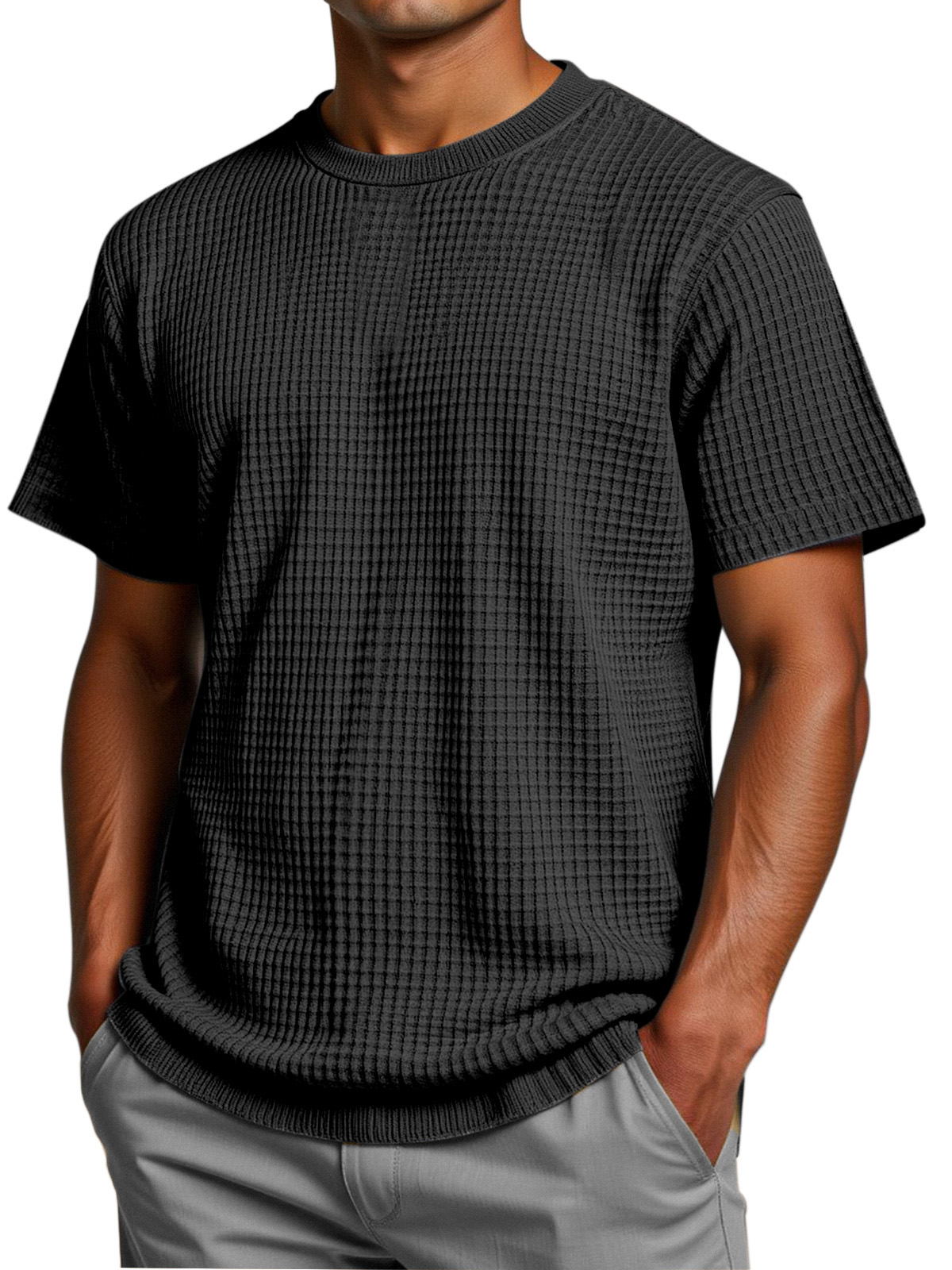 Men's Solid Color Comfortable Loose Waffle Texture Short-sleeved T-shirt